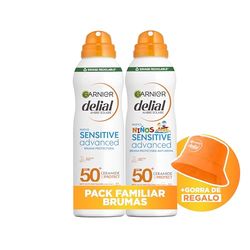 Garnier Delial Sensitive Advanced Pack Bruma con Regalo: Bruma Solar Adulto Muy Alta Protección FPS 50 200 ml + Bruma Solar Niño Muy Alta Protección FPS 50 200 ml + Gorro Delial de Regalo