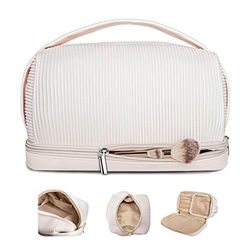 Large Makeup Bag, Double Layer Cosmetic Bag, Travel Makeup Bag, PU Leather Makeup Bag, Cosmetic Travel Bags, Portable PU Leather Toiletry Bag, Beige, Large Makeup Bag