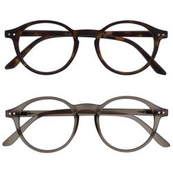 OPULIZE REY Occhiali da Lettura - Pacco da 2 - Montatura Rotonda Retro - Marrone Opaco Tartarugato, Grigio - Uomo Donna - Cerniere a Molla - RR56-27 - +1.50