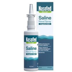 Nasofed Saline Nasal Spray. Isotonic Saline Solution. Effective and Gentle Relief from Nasal Congestion Caused by colds, sinusitis, hayfever and Allergies. 1 x 100 ml