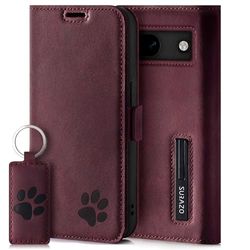 SURAZO Custodia slim magnetica per Google Pixel 8a, in vera pelle, motivo zampa, con funzione leggio e scomparto per carte di credito, in pelle (Borgogna)