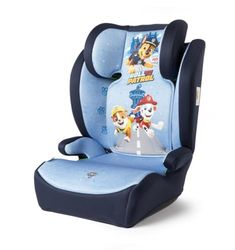 Siège auto de sécurité pour enfant Paw Patrol d'une hauteur de 100 à 150 cm avec des graphismes des adorables petits chiens Chase, Rubble et Marshall sur fond bleu et bleu