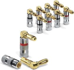 ETEC Fiches banane, adaptées aux câbles d'enceintes jusqu'à 6 mm² de section, fiches à 90° avec codage couleur (4x rouge, 4x noir), jeu de 8, plaquées or 24 carats