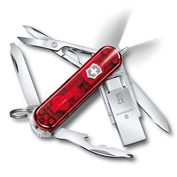 Victorinox Taschenmesser Midnite Manager Work (11 Funktionen, Schere, USB Stick 32GB, LED, Nagelfeile) rot transparent