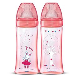 Dodie - Set con 2 biberones + 330 ml rosa + 6 meses, tetina plana de velocidad de flujo 3, 6001329