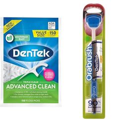 DenTek Triple Clean Mint Flavoured and Fluoride coated Advanced Dental Floss Picks with 3 cleaning actions - 150 Pack + Orabrush Tongue Cleaner and Tongue Scraper, 1 Count (Pack of 1)
