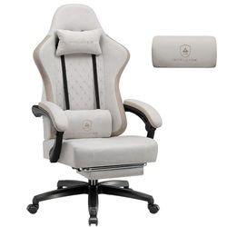 GTPLAYER Chaise de Gaming en Tissu - avec Coussin à Ressorts ensachés - Ergonomique - Pivotante - avec Repose-Pieds - Charge maximale : 150 kg - Beige