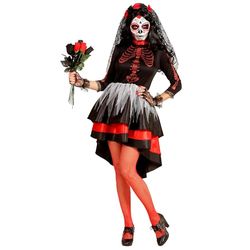 Widmann - Kostuum bruid, Dia De Los Muertos, jurk, sluier met bloemen, Halloween, carnaval, themafeest