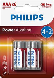 Philips Power Alkaline LR03P6BP/10 Pilhas domésticas, pilhas (Bateria de uso único, AAA, alcalino, 1,5 V, 6 peças, branco)