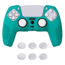 eXtremeRate PlayVital Aqua Green 3D Studded Edition Anti-slip Silicone Cover Skin for ps5 Controller, Soft Rubber Case for ps5 Wireless Controller with 6 White Thumb Grip Caps