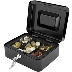 ACROPAQ Caisse Monnaie - Avec planche de comptage des pièces, Petit 16 x 20 x 9 cm, Avec 2 clés - Caisse monnaie billet piece, Trieuse monnaie, Boite monnaie - Noir - P0016
