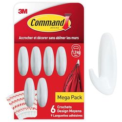 Command Crochets Design Moyen, Modèle Blanc - Lot de 6 Crochets et 9 Languettes Moyennes - Pour Accrocher et Décorer Sans Abîmer