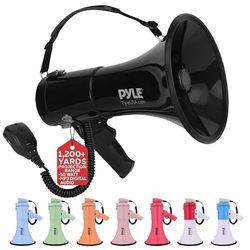 Pyle 50W Megaphone Bullhorn - Portable, Automatic Siren & Adjustable Volume, Projection Range Up to 1200 Square Yards, Aux Input, Talk, Siren, Music, Whistle, & Record, Shoulder Strap (Black)