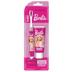 Naturaverde | Kids - Mattel Barbie - Kit Pulizia Orale per Bambini, Dentifricio Fragola e Caramello 25ml e Spazzolino con Setole Morbide, Dentifricio Barbie