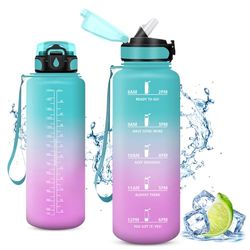 Vikaster Waterfles, 1,5 liter, waterfles met rietje, BPA-vrij en lekvrij, sportwaterfles voor sportschool, yoga, kantoor, wandelen, outdoor