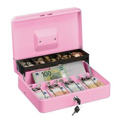 Relaxdays Cash Box, Coin Counter Tray Lockable Portable Change & Notes, H x W x D: 8.5 x 30.5 x 24.5 cm, Iron, Pink