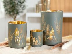 Pack of 18 Lantern, cylindrical, Grass motif, Glass, gray, PU 18, H. 8 cm, D. 7 cm