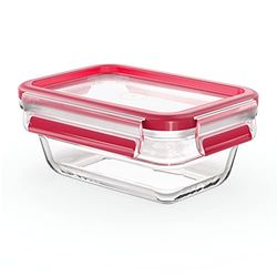 Emsa Clip & Close Glass Food Storage Container, Rectangular, 0.45 L, 100% Leak-Proof, Non-Slip Stacking, Glass Container, Dishwasher, Freezer, Oven, Microwave Safe, Red, Transparent, N10405