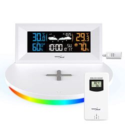 Green Blue GB213 Station météo sans Fil avec Chargeur Qi Lumière d'ambiance Base Prévisions météo Calendrier Réveil Fonction Snooze Capteur Externe Intérieur et extérieur Thermomètre Écran Couleur