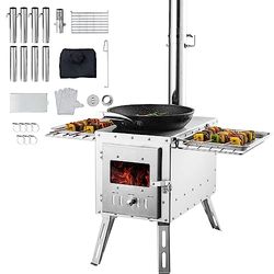 VEVOR Campingvedspis i rostfritt stål, campingtältspis, bärbar vedeldad spis med skorstensrör och handskar, 3000 in³ Firebox, varm tältspis för utomhusmatlagning och uppvärmning med 8 rör
