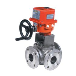 Syveco 785032 Serie 785 Robinet à boisseau sphérique 3 voies avec brides inox Lumière en forme de L PN16 Plaque ISO, poignée en acier rouge, M32 PN16 x M32 PN16 x M32 PN16 x M32 PN16