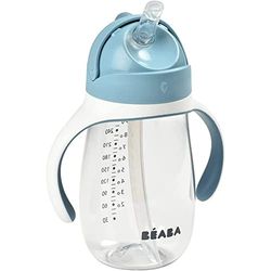 BÉABA Taza de Aprendizaje con Boquilla para Bebe, Biberón 100 % hermético, Taza Antigoteo con pajita, Antiderrame, 2 en 1, Asas extraíbles, Resistente, Tritan y silicona, 300ml, Blue