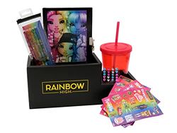 Rainbow High Cadeauset, inclusief tafelorganizer, beker met rietje, 3 vellen met stickers, 20 edelstenen, set van 5 gelstiften, officieel product (CyP Brands)