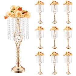 VEVOR 10 stuks 55 cm/21,65 inch hoge kristallen bruiloft bloemstandaard, metalen vaas voor bruiloft middelpunt, gouden bloemenhouders bloemendisplay rek voor tafels bruiloft diner feest, ceremonie