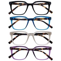 OPULIZE KOI Gafas de Lectura Pack de 4 - Marco Rectangular Ancho - Negro/Azul/Violeta/Gris - Hombre Mujer - Bisagras de Muelle - RRRR50-1357 - +1.50