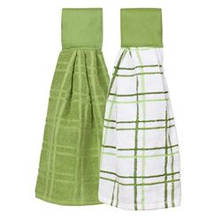 Ritz Kitchen Wears Solido Cucina Appeso Tie Asciugamano, Biscotti, Cactus Green, 2 Pack Checked & Solid