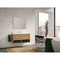 Atrios Modelo Bastet Conjunto Baño Estilo Madera con 1 Cajón, 2 Huecos y Lavabo Porcelánico, Mueble MONTADO, Suspendido en Pared, Laminado Roble, 120 cm