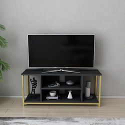 Hanah Home Glam Tv-standaard, antraciet en goud, 120 x 35 x 50,8 cm, 100% melamine gecoat deeltjesbord, 18 mm dik, stevig metalen frame, stijlvol en functioneel design voor moderne woonruimtes