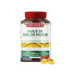 SUPERDIET - HUILE DE FOIE DE MORUE - Source de Vitamine A et Vitamine D - Nutrithérapie - Conditionné en France - 120 capsules
