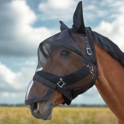 PFIFF 103125 Big Eye Masque Anti-Mouches avec Protection UV, Protection nasale Amovible, Anti-Insectes, Respirant, Noir Poney