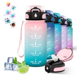 500ml Botella Motivacional con Pajita, A Prueba de Fugas, Botella Reutilizable con Marca de Tiempo, Botella de Agua para Agua, Café, Jugo, Té, Leche, Rosa-cian
