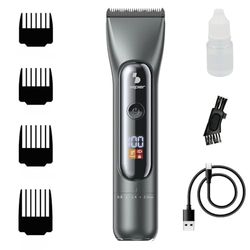 BEPER P304CAP010 Professional Men's Hair Clipper, Titanium and Ceramic Blades, LED Display, 4 regulating Combs, 2 speeds, 3h Battery Life, USB-C Charging, Corded and Cordless use