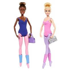 Barbie Balletset met 2 poppen en 9 accessoires, ballerina's, blond en brunette, met extra outfit en onderdelen met dansthema, HXC37