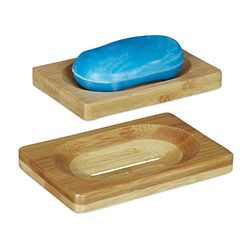 Relaxdays Bamboo Dish Set of 2, Drip Tray, Non-Slip, Moisture-Resistant Bathroom Soap Holder, Natural, 1.5 x 12 x 8 cm