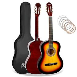 3rd Avenue 3/4 formaat klassieke Spaanse gitaar voor kinderen met nylon snaren, beginnerspakket, tas, snaren - sunburst