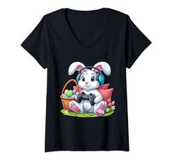 Mujer Happy Easter Day Bunny in Headphones para niños, niñas y niños, gamer Camiseta Cuello V