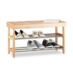 Relaxdays schoenenrek met zitting, voor 6 paar schoenen, met opbergruimte, HBD: 43x74x30 cm, bamboe schoenenbank, natuur