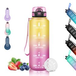1,5 liters vattenflaska, gym, läckagefri, motiverande vattenflaska med tidsskala, filterflaska, lätt att rengöra, sportflaskor, yoga, vandring, camping, gul-rosa