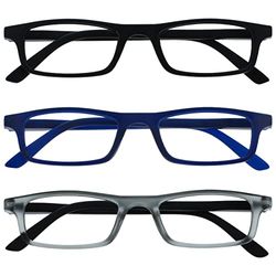 OPULIZE Ted - Occhiali da lettura da uomo e donna, con montatura stretta e leggera, con cerniere a molla resistenti ai graffi RRR17, Nero opaco/Blu navy opaco/Grigio opaco Nero