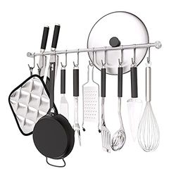 OKEPOO Bar Utensil Holder Kitchen Hanging Spoon Racks, 20 inch Wall Mounted Hanger with 10 Pcs Noiseless Sliding Hooks, Cooking Rail Bar Rack Organizer, 304 Stainless Steel. (Silver)