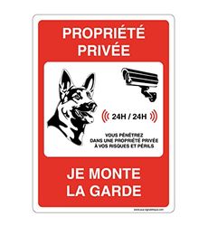 AUA SIGNALETIQUE - Waarschuwingsbord met afgeronde hoeken – Privée sous video – hond Je Monte La Garde – 150 x 210 mm, aluminium Dibond 3 mm