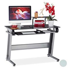 Relaxdays PC skrivbord, glas, tangentbordsutdrag och hylla, utrymmesbesparande, modern design, HBT 94 x 110 x 58 cm, svart