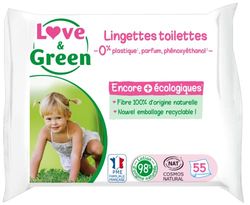 Love & Green - Lingettes Toilettes Saines et Ecologiques - Paquet de 55 Lingettes - Certifiées Cosmo Natural par ECOCERT et FSC - Emballage recyclable