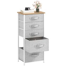 DWVO Piccola cassettiera in tessuto, per camera da letto con 5 cassetti, comò per camera da letto, soggiorno con maniglie, piano in legno e robusta struttura in acciaio, grigio chiaro