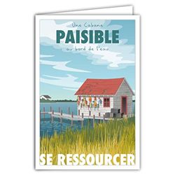 Afie 69-4351 Resourcer kaart met envelop, mini-poster, formaat 17 x 11,5 cm, retrostijl, vintage, grafische illustratie, een vredig huis aan het water, vissers, kluisjes, ponton