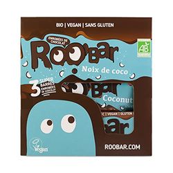 Roo'bar Barres Vegan sans Gluten Noix de Coco Enrobées Chocolat Noir - Lot de 3 - encas sportif - snack sain - 100% naturel